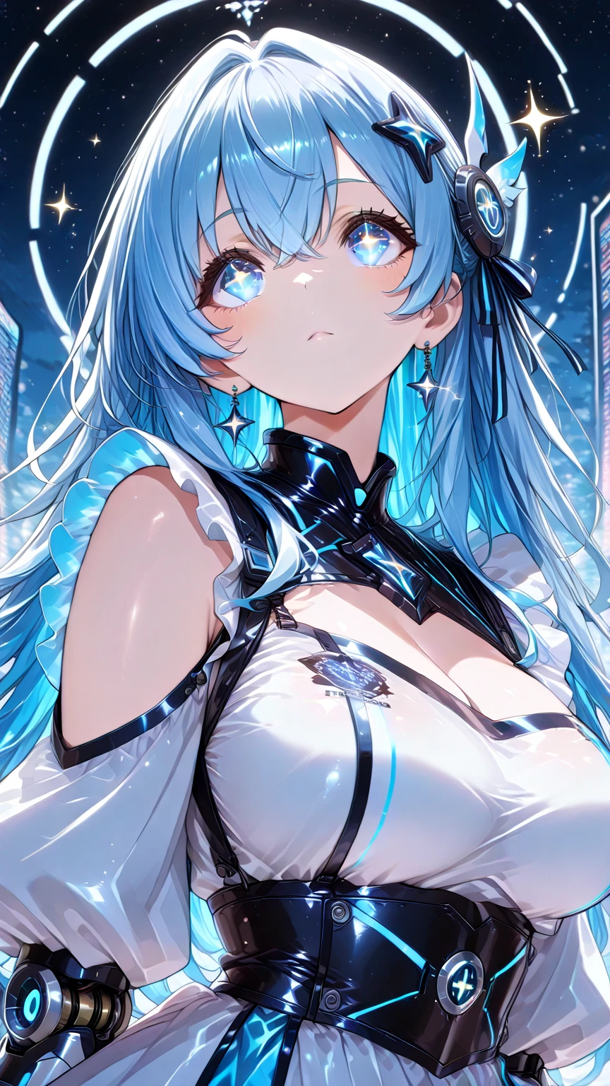 1 person, 20-year-old girl, One person, (Silver Hair), Long pointed ears、Elf、(Gradient sky blue hair tip:1.6), hair, Ridiculously long hair, Single Side Lock, Wavy Hair, Shine髪, Floating Hair, (Fantastic deep purple eyes), Delicate eyes, Aqua Eye, Very fine eye, Long upper eyelashes, ((Glowing Eyes)), compensate, Focus on the face, Highly detailed facial, Pretty face, Perfect breasts, Hot body, (Delicate skin texture:1.2), break, White extra long skirt, Fashion Clothing, necklace, Technical clothing masterpiece, on the road, Gazing at the starry sky, meteor, cyber punk, Detailed Background, The perfect layered cut, clean focus, (magazine:1.3), (Cover Style:1.3), Octane Rendering, Tyndall effect, Real, Dark studio, Side light, 2-color illumination, realism, Chiaroscuro, (Shine光), Shine, Ray Tracing, Cinema Lighting, Futurism, Motion Blur, Atmospheric perspective, Depth of written boundary, Bokeh, Highest quality, 超High resolution, Super Detail, masterpiece, High resolution, Accurate, retina, Anatomically correct