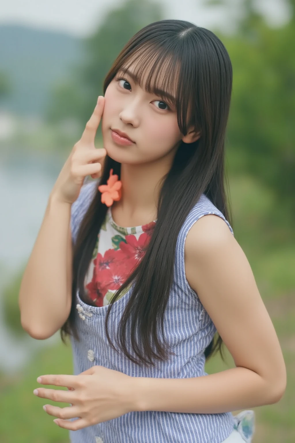 masutepiece, Best Quality, 8K, 15yo student, Teen, Raw photo, absurderes, award winning portrait, Smile, Smile, Solo, Night, neons, Idol face, violaceaess, gardeniass, Delicate girl, Upper body, Digital SLR, Looking at Viewer, Candid, Sophisticated, zora々Right, Thin arms, Professional Lighting, Film grain, chromatic abberation, (Eyes and faces with detailed:1.0), (Bokeh:1.1)