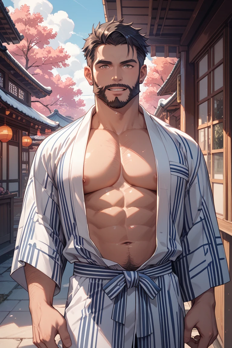 A handsome tall man standing, He is 28 years old，Thin waist，The pectoral muscles are well developed, He is 175cm tall，Weight 62 kg、yellow-green eyes、brown hair color、short hair、Shirtless、underwear、looking into camera，Gangster，Late Night，Japanese-style room，Tatami，Japanese flowers，Paper doors，lantern，kimono，Japanese totem tattoo，(super high angle shot)，Gorgeous Japanese totem background，Japanese flower arrangement，Japanese-style screen，Rich scene decorations