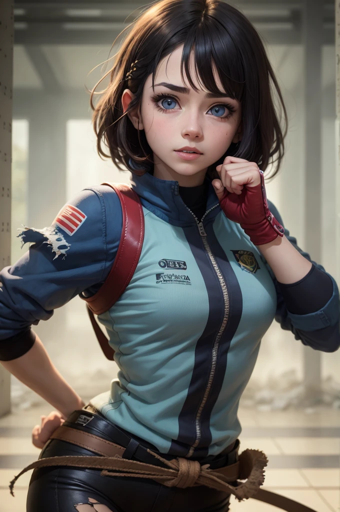 America Chavez, denim jacket, blue shirt with red star on chest, combat stance, highly detailed, vibrant appearance, creative behavior, extremly detailed, imaginative, sensual, spontaneous, highest quality, skin texture, intricate details, (cinematic lighting), RAW photo, 8k, masterpiece,best quality,ultra-detailed,very detailed illustrations,extremely detailed,intricate details,highres,super complex details,extremely detailed 8k cg wallpaper,