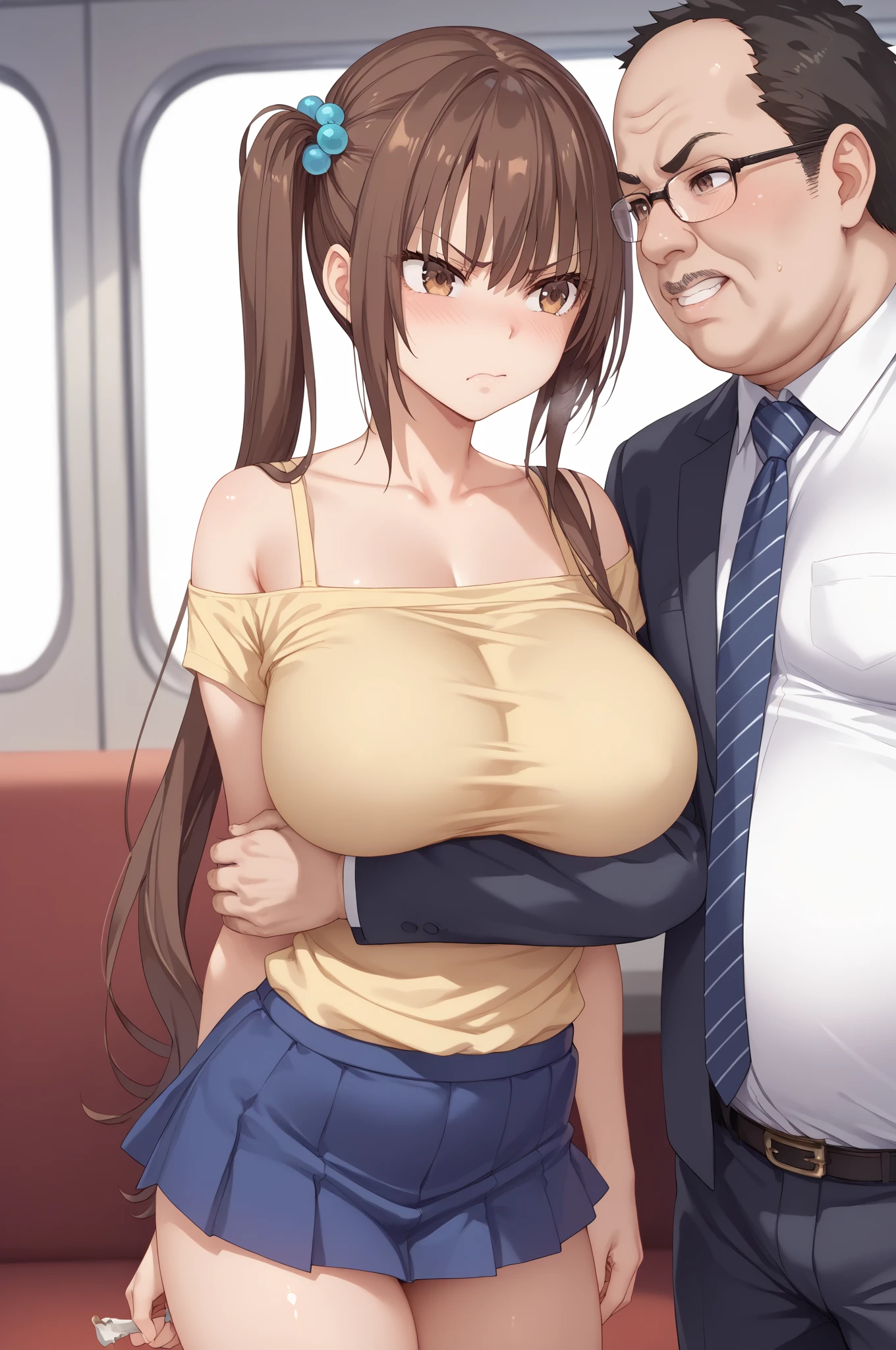 nsfw,hyperrealistic smooth anime,adult curvy gyaru,tanned gyaru,(young casual boy grabbing her breast from behind),dark brown hair,earring,off-the -shoulder plain blouse,patterned short skirt,(aroused and suffering),at train,in heat,look behind,sweaty,