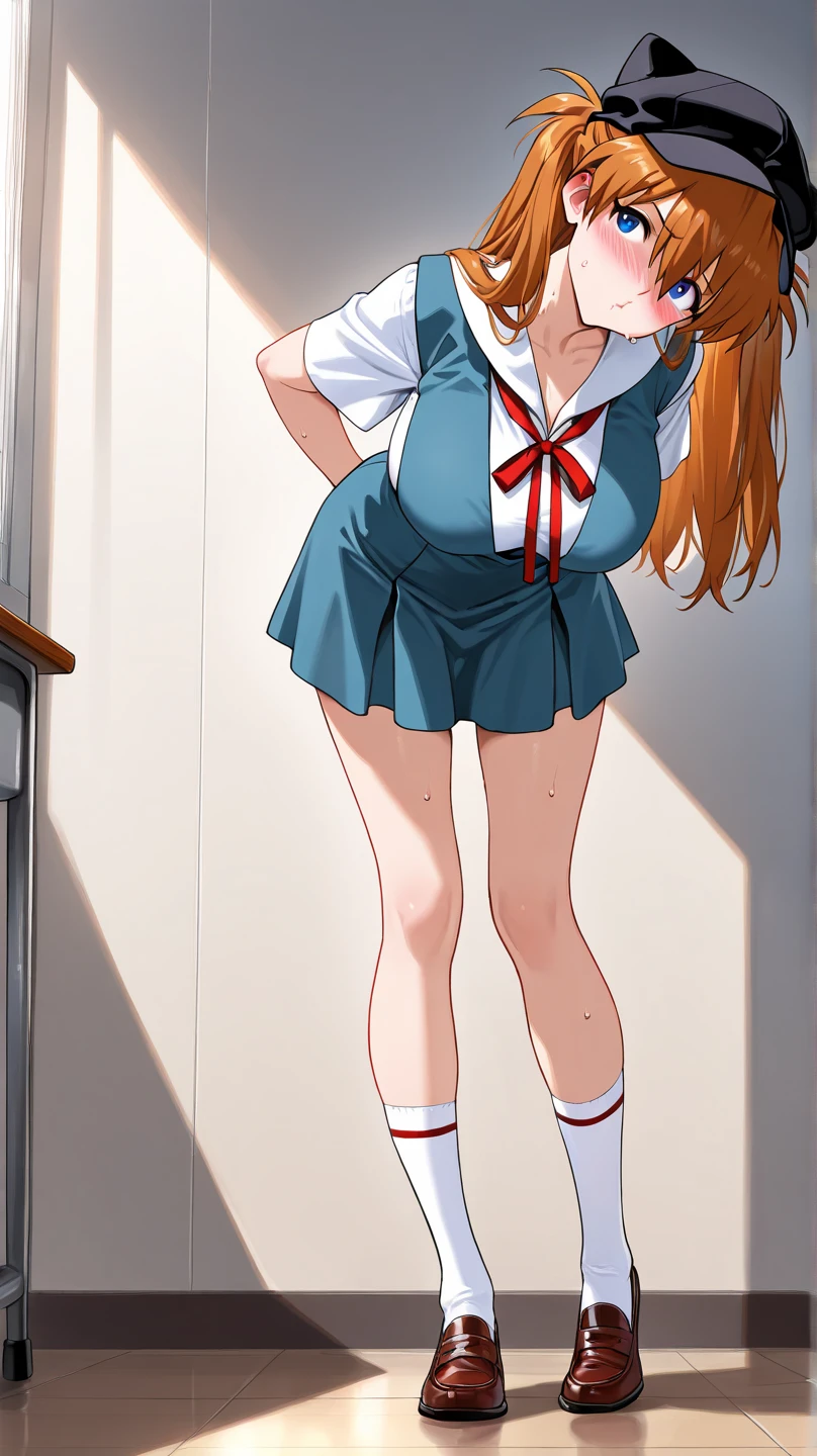 yukaii, 1girl, solo, tube top, striped, white panties, strapless, bandeau, leaning forward, bookshelf, blush, 1990s (style), retro artstyle, desk, wooden floor, undressing, panty pull, bare shoulders, <lora:yukaii_V2-11:0.7> <lora:undressing_panties_v0.1:1>