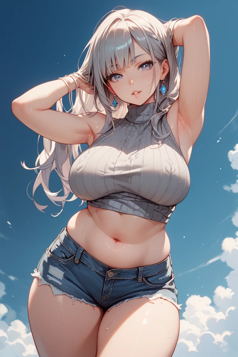 1 girl,bare legs, (white hair), (Tsurime),((((breasts)))),big breast,Perky breasts,Navel cut,close-up,In clothes,(shirt overhang:1.3),beautiful, 1 girl, (one person),beautiful backgrounds,Backlight,masterpiece,highest quality,exquisite,8K,disorganized,super detailed illustrations,(looking at the viewer)