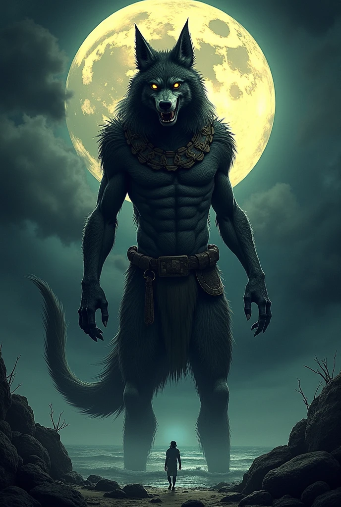 Male wolfman, Upper body naked , Black body, White belly , White Face , Erect crotch , White Japanese loincloth , front , Gentle eyes , Bright light , Moonlit Night , whole body