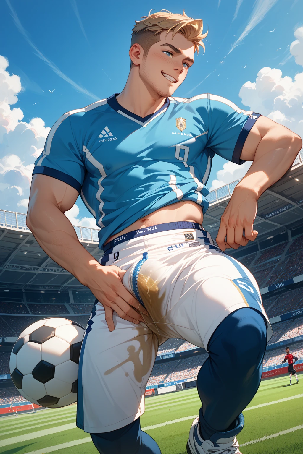 best quality, masterpiece, extremely detailed, gay, homoerotic, goal post in soccer field, two men, handsome very mature man, very muscular, shocked expression, soccer referee uniform, anal sex, with another handsome, very muscular, handsome man wearing complete soccer uniform, overjoyed expression, (cumshot), (explosive cumshot), (cum), (cum strings), (spraying cum), excessive cum, dark cinematic lighting, extremely dramatic shadows, perfect fingers, perfect hands, perfection, no signature, no logo