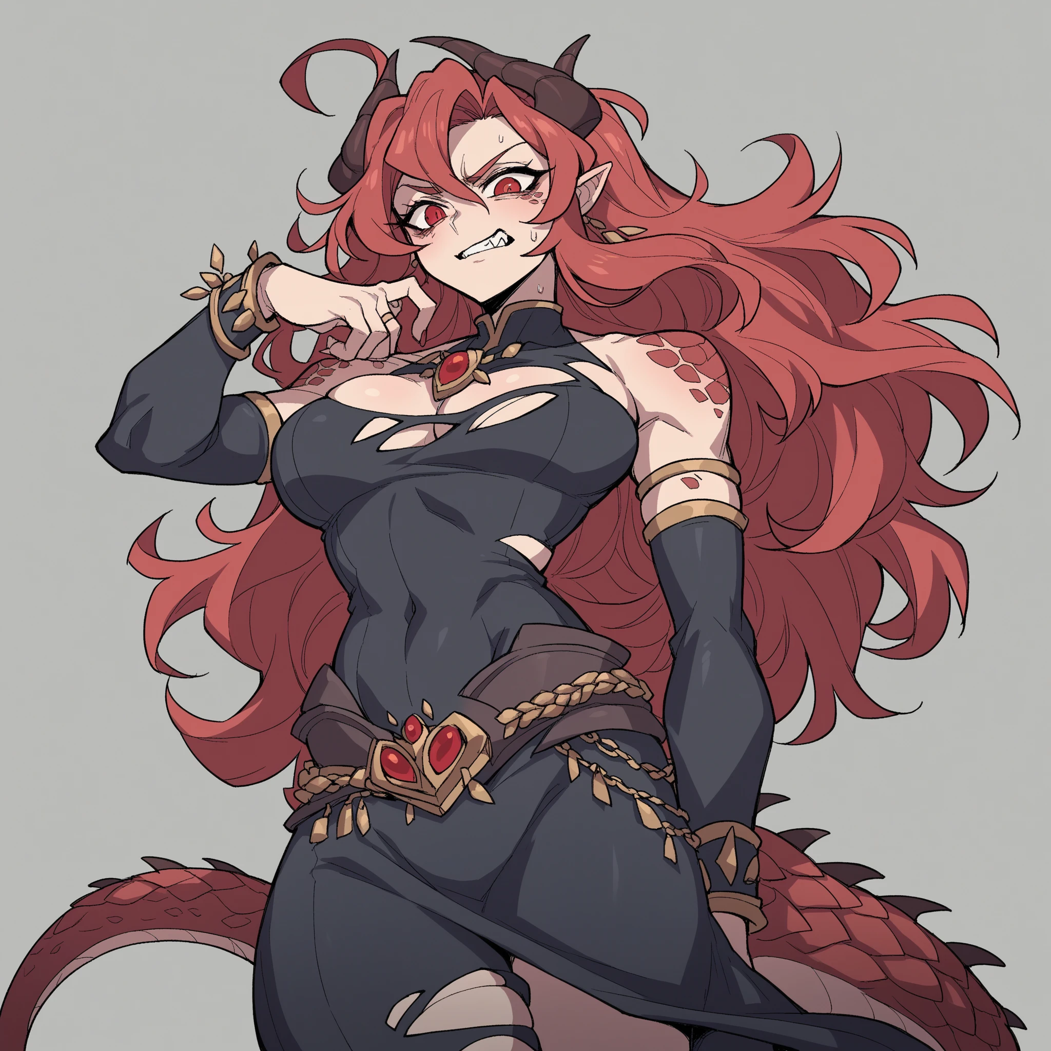 Muscular tiefling girl, kimono wearing only one arm, curled horns, red skin, abs, tattoos on the skin, orange eyes, forked tongue, large breasts covered by Shitaobi