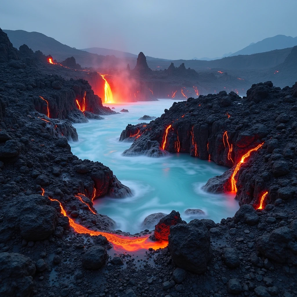 National Geographic style picture, Award winning,(best detailed: 1.5), an picture of an epic sized waterfall in the volcano at midday , an (epic sized waterfall: 1.3), water coming down from a volcanic cliff, multi level water falls, several pools created in different levels, forming new waterfalls, water cascading into a (large lava pool: 1.3) steam rising, clear water in many hues of blue and azure falling, hitting a pool of lava in colors of orange and red, boiling lava, you can see the water hitting the pool and (steam of fog rising from the pool: 1.2) , drops of water splashing around, volcanic cliff background, a long shot, photorealistic, 16k, RAW, award winning, (best detailed: 1.5), masterpiece, best quality, (best detailed: 1.3), full body, ultra wide shot