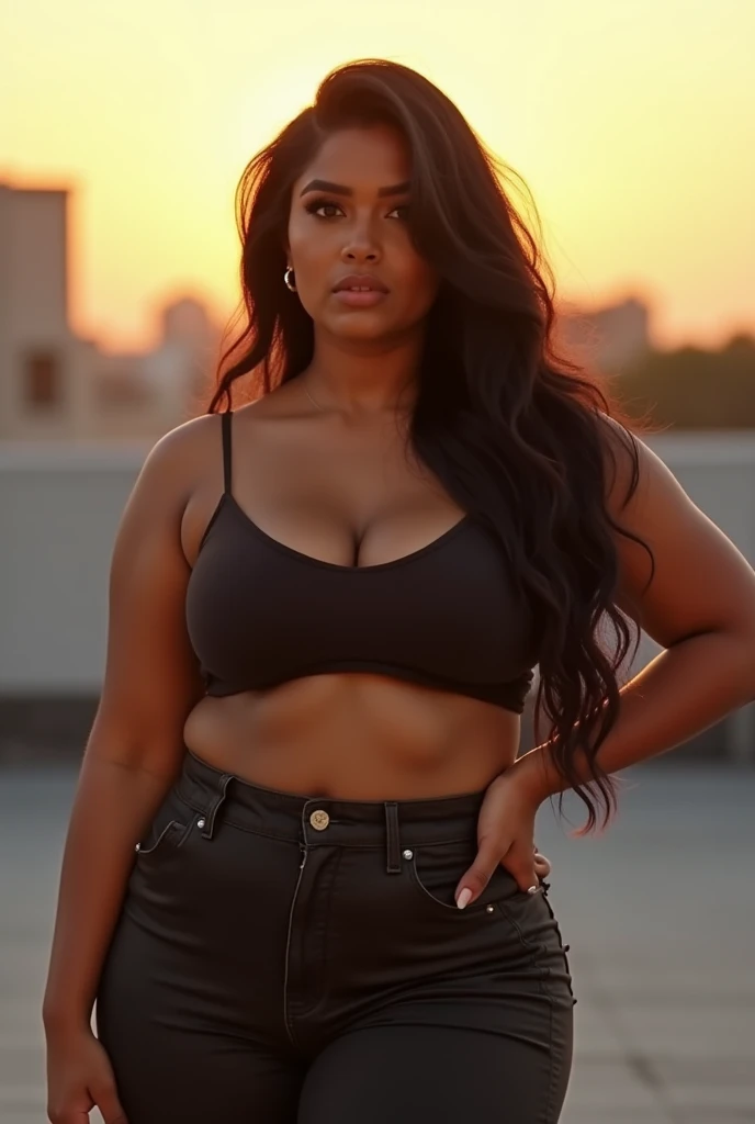 35mm film photography, A young black woman with long dark hair, with big ass and big tits, Sexy curves, wearing a black crop top and denim shorts , Walking through a rainy street with colorful buildings in the background, high detailed