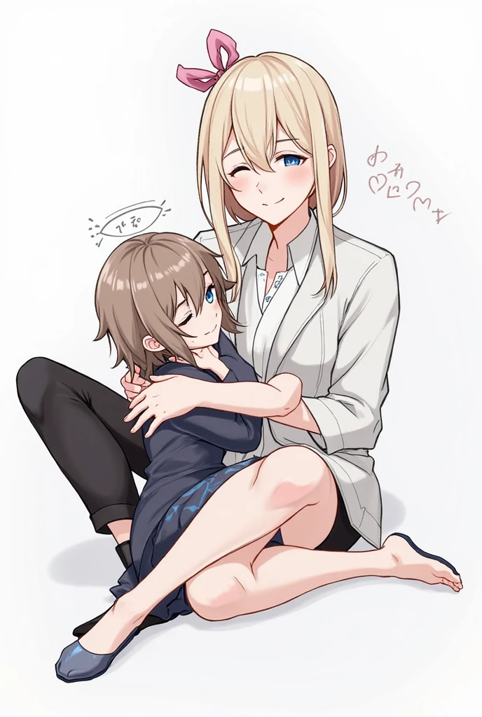 score_9, score_8_up, score_7_up, source_anime, 1boy, 1girl, mature female, mother and son, ???, hug, smile, hand on head, kneeling,