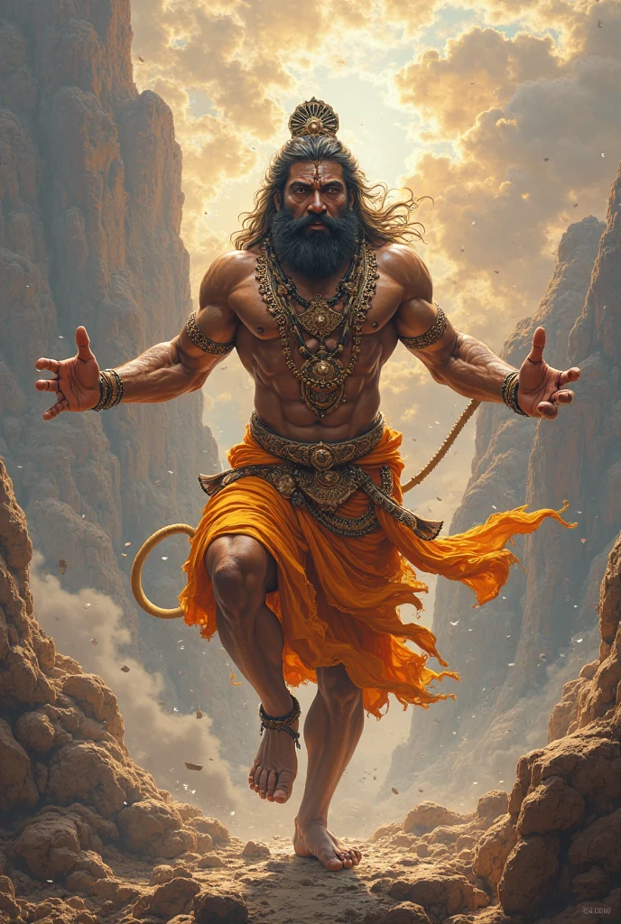 Lord Hanuman, a central figure in Hindu mythology, is often depicted with a distinctive body structure that symbolizes both his divine nature and his strength. Here are some features commonly associated with his depiction:
1. **Human-like Form**: Hanuman is generally portrayed with a human body, signifying his avatar as a devotee of Lord Rama and a symbol of devotion and loyalty.
2. **Monkey Features**: As a vanara (monkey-like being), he typically has features that resemble a monkey, such as a long tail and a face that has some simian characteristics. This blend signifies his divine and earthly nature.
3. **Muscular Build**: Hanuman is usually shown with a powerful, muscular physique, representing immense strength, agility, and the ability to perform incredible feats.
4. **Color**: He is often depicted with a reddish or orange complexion, symbolizing vitality, energy, and devotion.
5. **Wings**: In some interpretations, he may be shown with wings, indicating his ability to fly and travel great distances, especially significant for the heroic tasks he undertakes in the Ramayana.
6. **Attributes**: He is often seen holding a mace (gada) or a mountain, symbolizing strength and protection. Sometimes, he carries the divine ring of Rama or other significant items that denote his role as a messenger.
7. **Facial Expression**: His face is typically portrayed with a calm and focused expression, displaying confidence, integrity, and fearlessness.
Overall, Hanuman's body structure and features reflect his status as a divine being and a symbol of devotion, strength, and service in Hindu tradition.