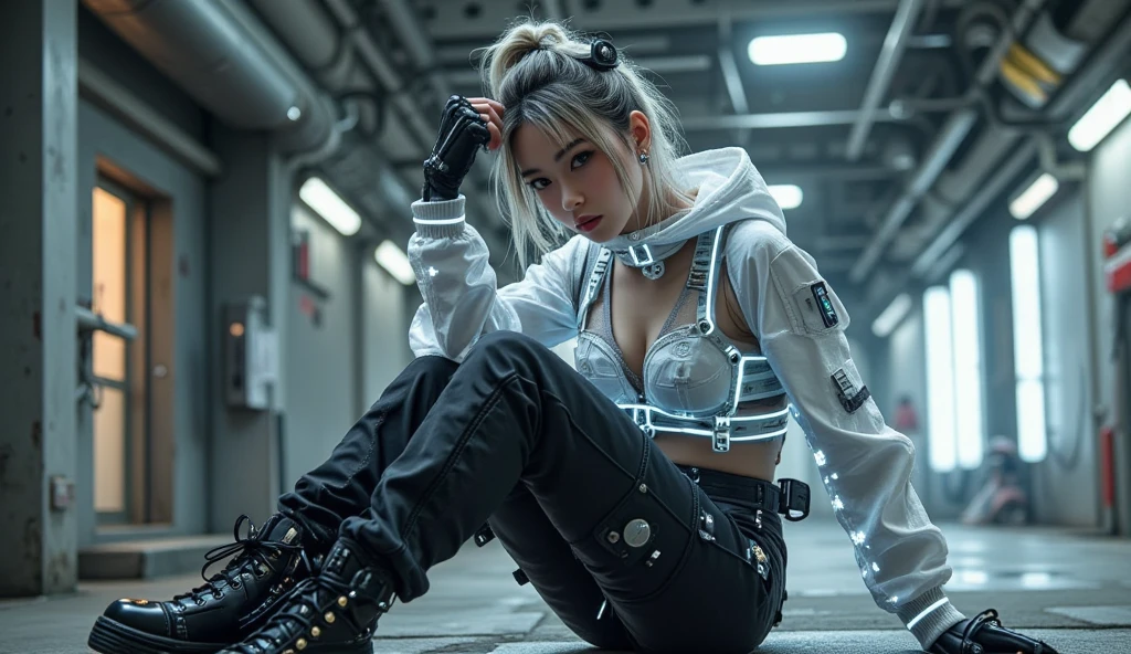 best quality, Extremely detailed, Surreal, 1girl riding bike, full-body shot, White Webbed Bunny Ears, Cyberpunk Kimono Top, translucent, Low-rise black leggings, Designed for flexibility,Surface reflects light softly, In a Futuristic Design Showroom, Futuristic Decor, High-tech accessories, Fusion of advanced technology and nature, Bold and Minimalist Design, /// /// Gray short hair, Bright blue eyes, The face is well defined,cute, big eyes, Highlight her fair and bright skin, Calm expression, Cybernetic enhancement, Striking elegance, Upward Medium and Lively Bust, and rounded medium hips, Exuding the beauty of sculpture,