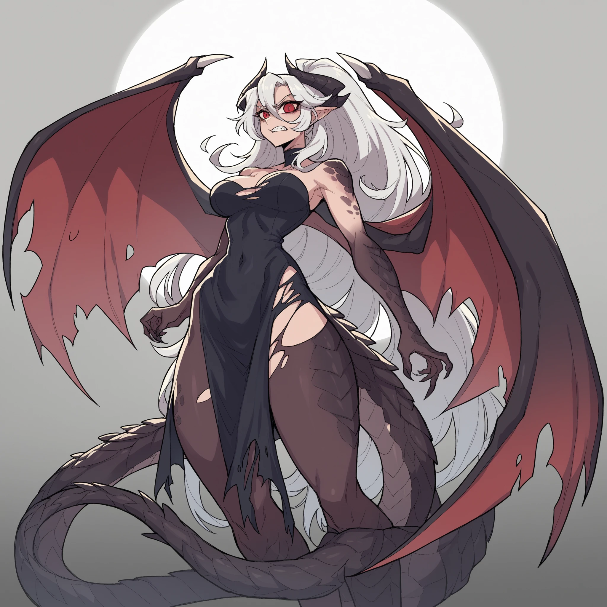 (Best quality: 1.0), (super high res: 1.0), extremely detailed character, detailed Hands, half-dragon girl, horns, scales on the neck, scales on the shoulders, scales on the forearm, scales on the cheek, woman with dragon's tail, extremely detailed hair, short hair, ((white hair)), ((black locks)), extremely detailed eyes, (right eye white and left being black), dragon eyes,  2d, anime art, teen/young, ((full body)), standing, medieval, Rpg, small chests, bare shoulders
