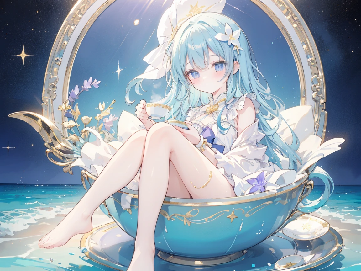 (Top quality), (Super detail), (Hi-res) gold angel girl, inside the womb, umbilical cord, soak in blue amniotic fluid, A plug is connected to the belly button, 
emergence, big crystal bathtub bowl, tantra slender body, tatto body, closed eyes, gold angel wings, Fantasy, beautiful concept art, god water heaven room, Swirling Elemental, quality, shisha, white surrounded by flowers, UHD, from above