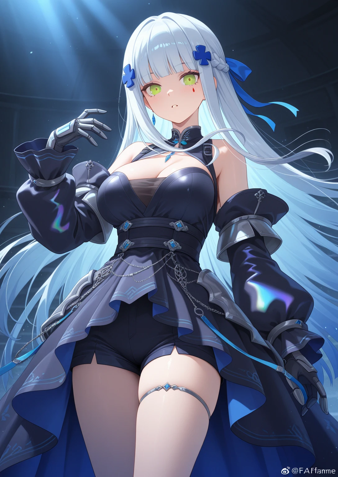 Black hair, dark blue eyes, girl, , unique cyber outfit, black nails, 
