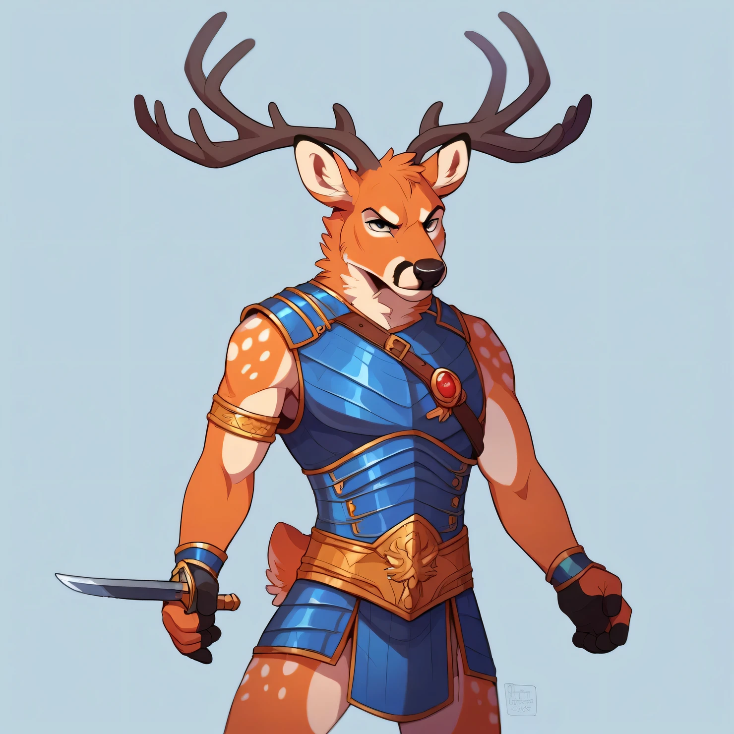 telegramstickerxl,simple background,anthropomorphic mouse, standing in a fighting stance, holding a sword, (detailed clothing:1.2), (accessories:1.2) gold and dark blue armor, (facial features:1.3) (expression:1.1), deer antlers, center of frame, facing viewer, cartoon style, stylized digital art, bright gold and blue colors