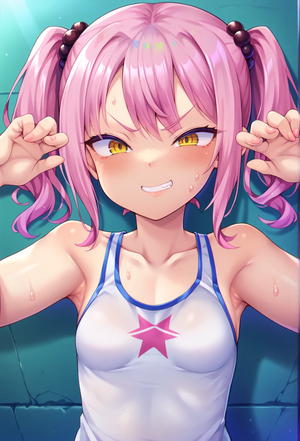 (((scrawny))),(((Wheat skin))),((high school student)),tanlines,(side ponytail,ahoge,One eye is covered by hair),((Purple Hair)),(fluorescent pink streaked hair),(Green Eyes),Slanted Eyes,BREAK,(Tiny Micro Bikini,latex,gold),Poolside,Green scrunchies