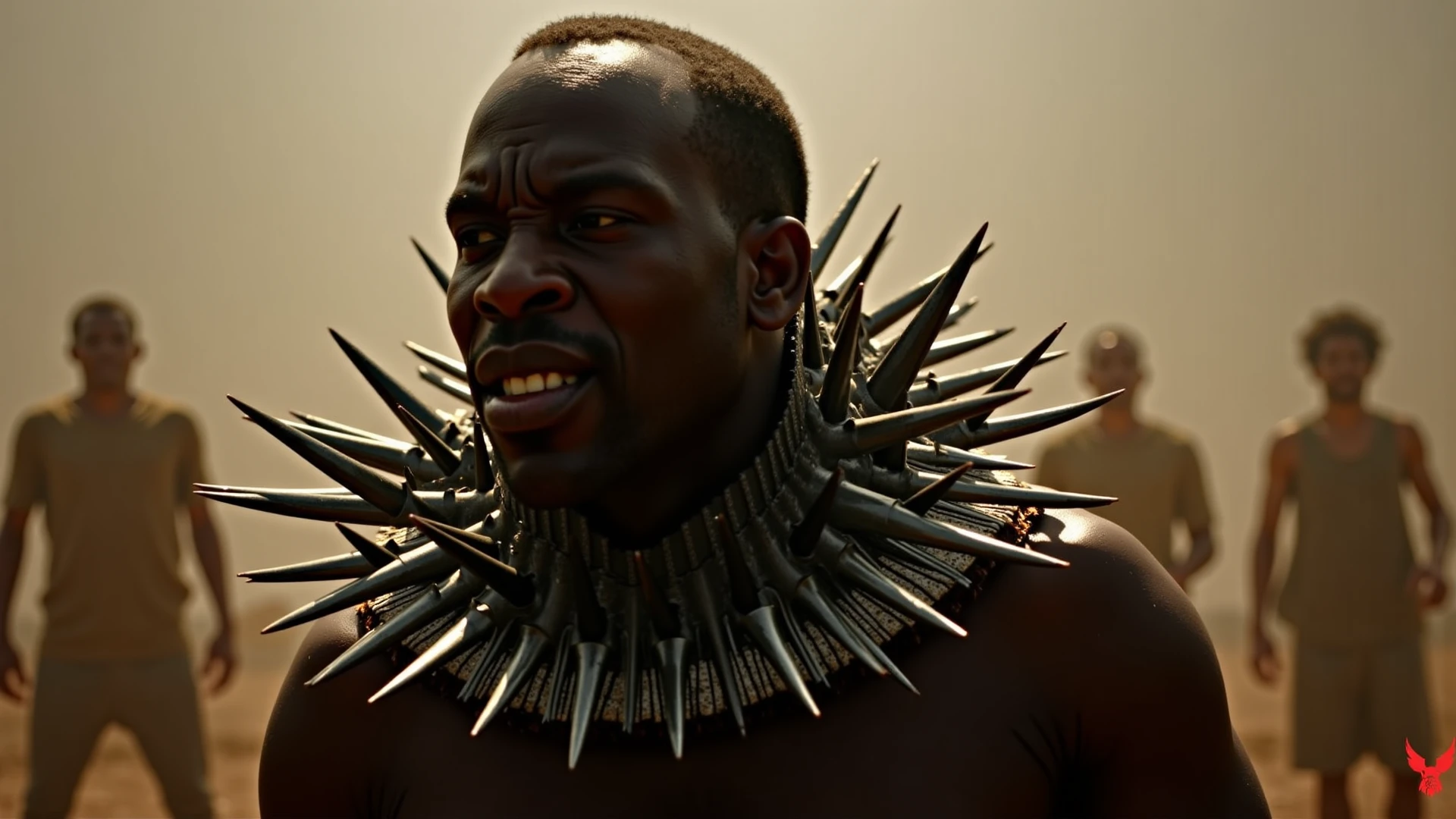 ((Intricate details))), (((highest quality))), (((extreme attention to detail))), (((complex composition))). African god, king of fire warriors, holds a double-bladed ax in his hands. Flames around his body emulate the mysterious atmosphere of cinematic light.