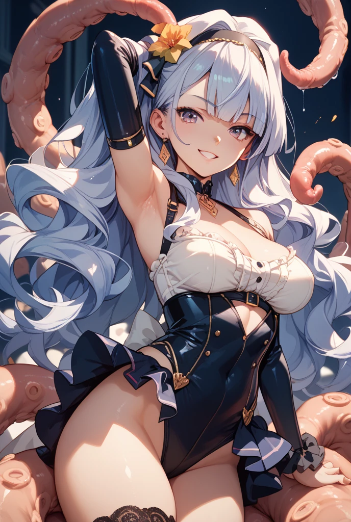 ((masterpiece)), ((best quality)), (ultra-detailed),(in the cave),(monster),(((many tentacles wrap arotnd the body))),a cute girl, 1girl, solo, (white girly dress),((many tentacles bound arms)), ((thin waist)),large breast, slim, slender,beautiful silver hair, beautiful blue eyes, (beautiful eyes), long hair,troubled expressio