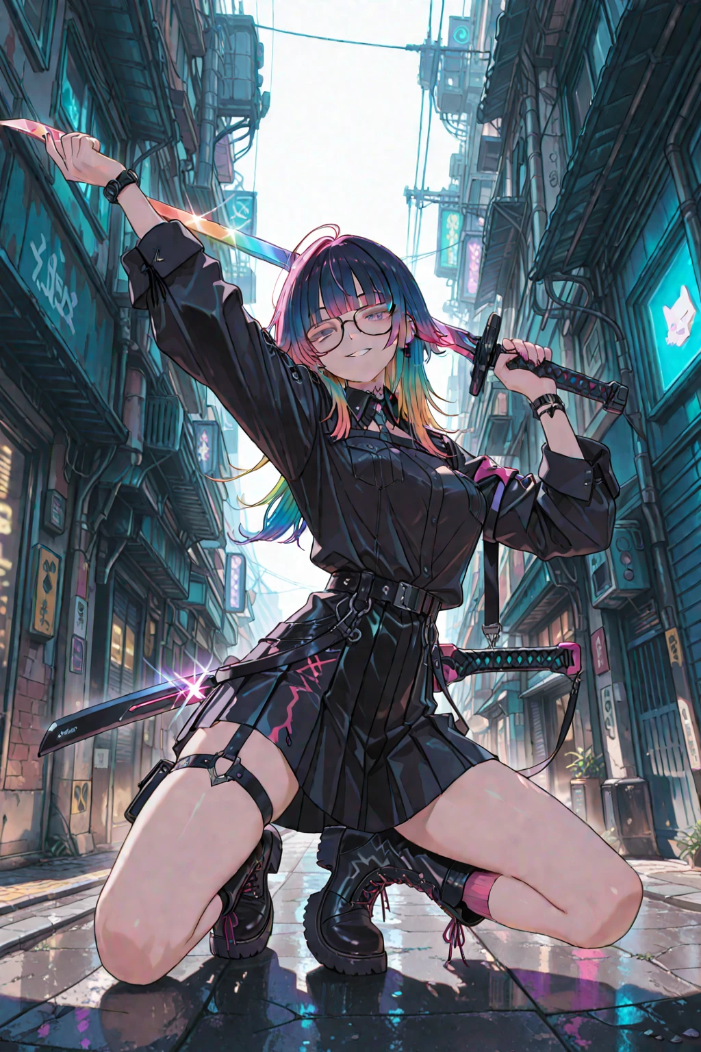 long hair。long bangs。rainbow-colored hair。multi-colored hair。WOLF CUT HAIR。piercings、Cyberpunk Streetscape。bad look。Rugged mechanical sword。Jumping from a high place。glasses。punk fashion。Wear military boots