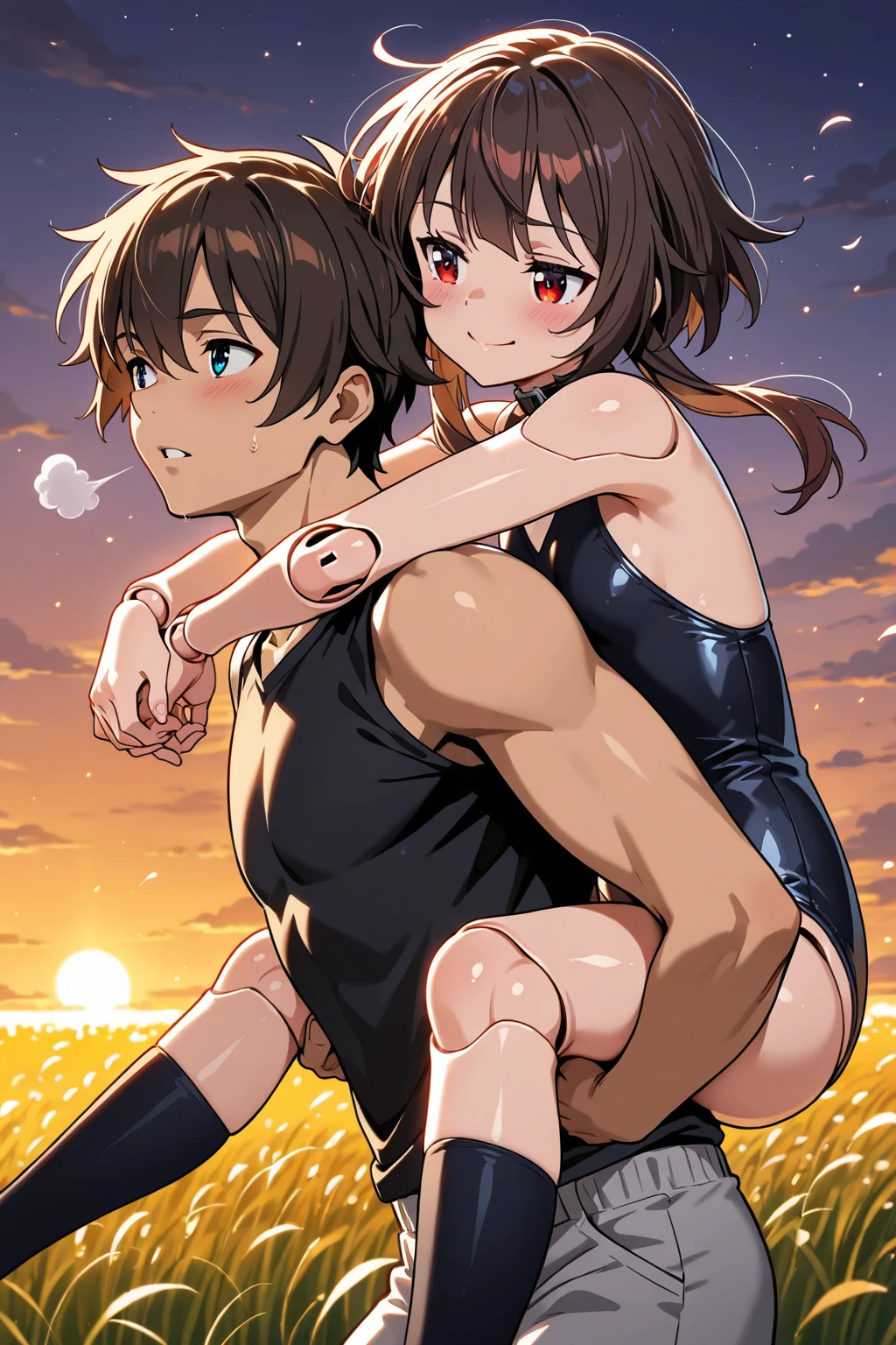 (Two Shotas:1.5), (baggy:1.4), (Black tank top:1.3), (Red Garter Belt:1.3), (bulge&erection:1.2), (Looking up:1.4), The wind is blowing, (((Highest quality))), (((masterpiece))), (((Super detailed))), (skinny:1.3), ((Spiked Hair)), (The wind is blowing), ((Black Hair)), Wine red eyes, Raise your arms, ((smile)), (Open your mouth), ((Earrings)), blue sky, Grass, (Choker on neck), Underarm, Sweaty skin, ((Wet clothes)), Nipples, center, (Shooting from below),