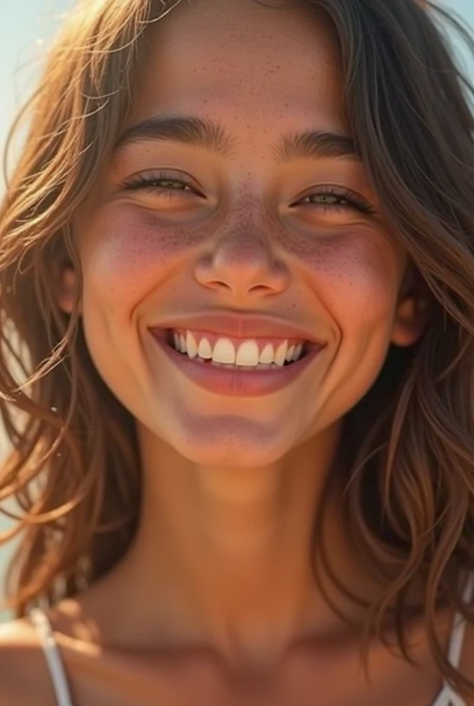 1girl. Tan skin, freckles on nose, freckles on cheeks, dark brown hair, wavy hair, hair braid, T-shirt, 20 years old,