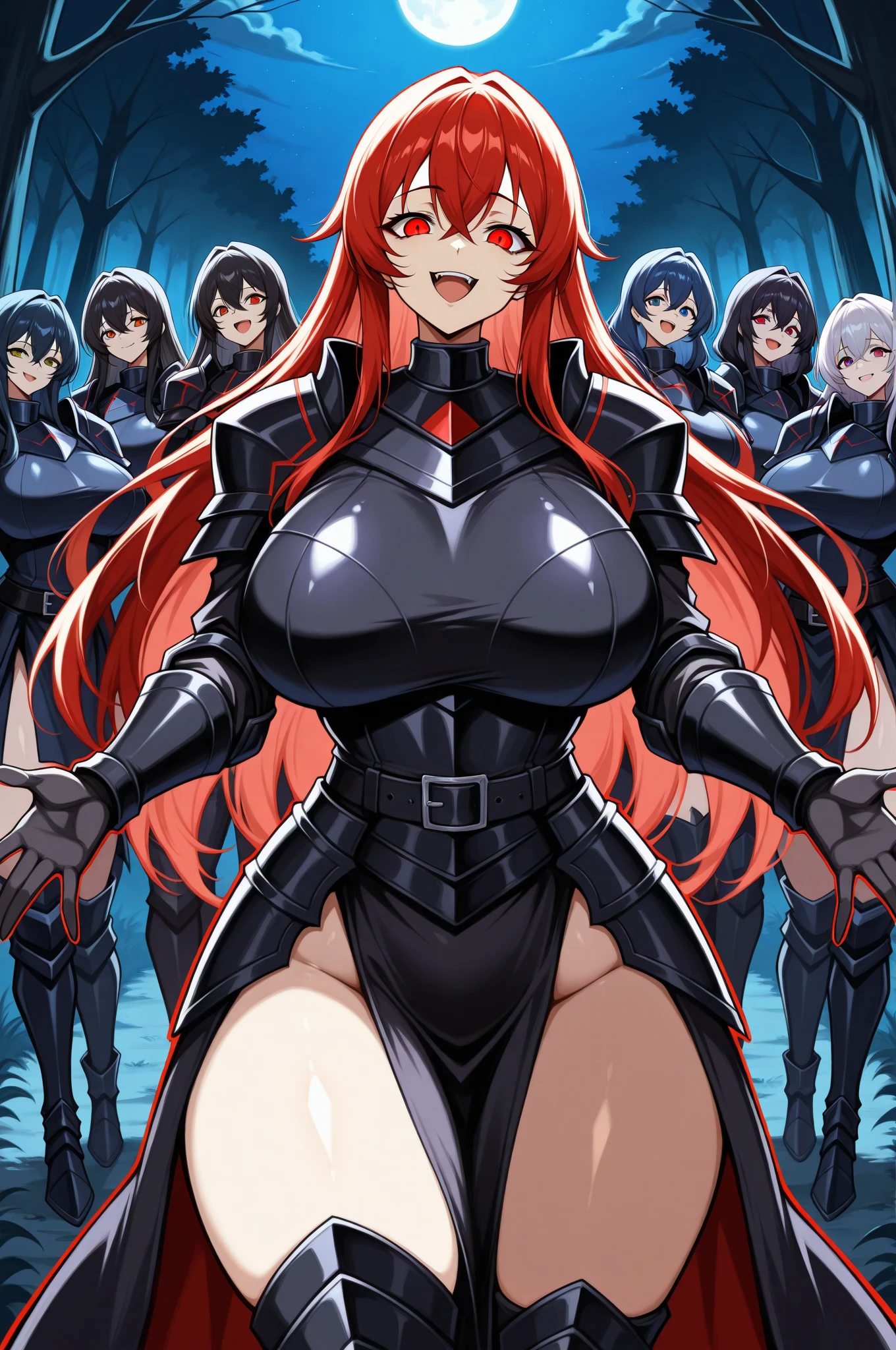 Long red hair, yellow eyes, evil, sexy, black and red clothes, cute hairstyle, evil face, evil, serious look, gloss lips, sinister, front look, bloody, gloves, (((19 years old, large breasts, triple D cup breasts, round buttocks, bubbly buttocks, wide hips, bubbly ass, fit and strong)), beautiful eyes, short dress, big white, dark place, night, sensual, straight hair cut, clear skin, evil, young 30 years girl, adult girl, solo, red, very long hair, (((Older mature woman)))