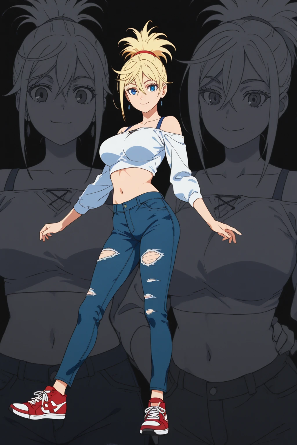 (Masterpiece, Best Quality, High Quality), professional artwork, well drawn, Intricate Details, field of view, afternoon, 
Blonde hair, ultra detail hair, ultra detail face, perfect eyes, perfect face, earring, blue eyes, Looking at Viewer, flirting, one hand on hip,
Black tube top, strapless, oversize pants with exposed underwear, anime screencap, navel, very dirty body, brown slim, breasts looking out, nipples 