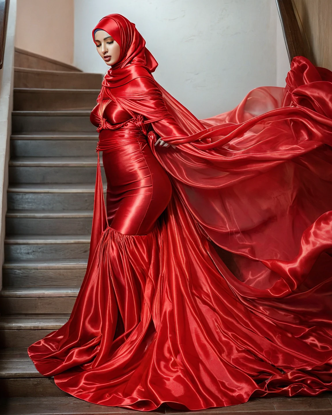 a sexy a woman covered in large red satin cloth, tied tight with the satin cloth, mummified in satin, very long under gown, tight gowm in leg, wearing a satin hijab, the satin gown is very long, forming the curve of the body, strugle to move,full body,masterpice, 4k resolution, ultra-realistic, highly detail.