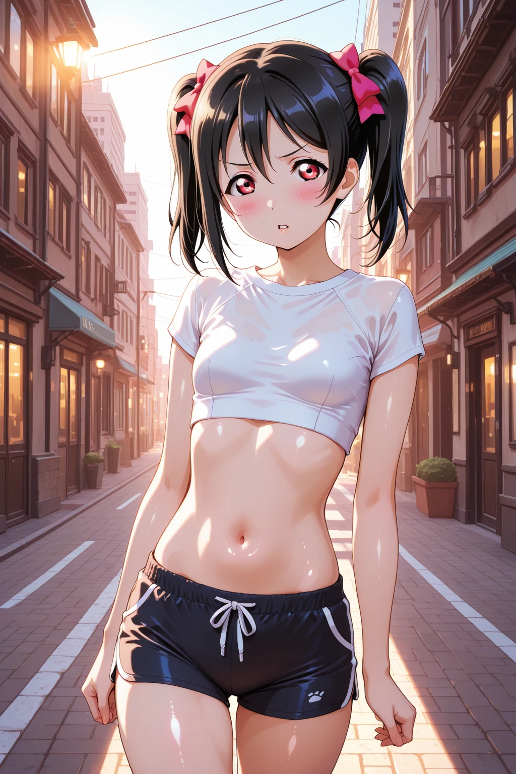 (8k, RAW Photos, Highest quality, masterpiece: 1.2), masterpiece, Super Detail,Best lighting, (Realistic and photorealistic photography: 1.4), High-resolution RAW color photos, Highly detailed mouth,1 young cute girl, Background Blur, blush, Depth of written boundary, Hair between the eyes,short hair,(red inner hair with yellow hairpin:1.2),(red eyes:1.3),(Oily skin:1.1), (Embarrassed,smile),Black Hair,in the messy Restroom,glitter skin,short,young,,medium breasts,Looking at viewer,denim micro hotpants,black long socks,pink fur jacket,black sports bra,midriff baring,(she is walking nearby us on the pavement and talk to us:1.3)