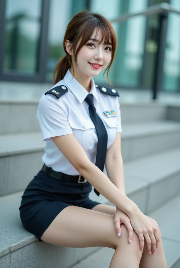 Innocent 20 year old girl、((Japan Police Officer, sexy police uniform, Skirt, Cute and elegant, Dramatic poses)),Smile,night city background,short-cut、Raw photo, (8K、top-quality、masterpiece:1.2)、(intricate detailes:1.4)、(Photorealsitic:1.4)、octane renderings、Complex 3D rendering ultra detail, Studio Soft Light, Rim Lights, vibrant detail, super detailing, realistic skin textures, Detail Face, Beautiful detail eyes, Very detailed CG Unity 16k wallpaper, make - up, (detailedbackground:1.2), shinny skin, Full body,Hands down、Spread your legs and show your panties,sit on a bench