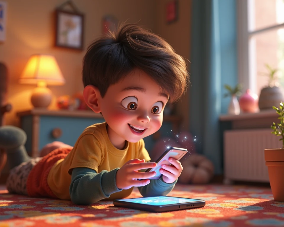 A teenager plays a video game in Disney style
