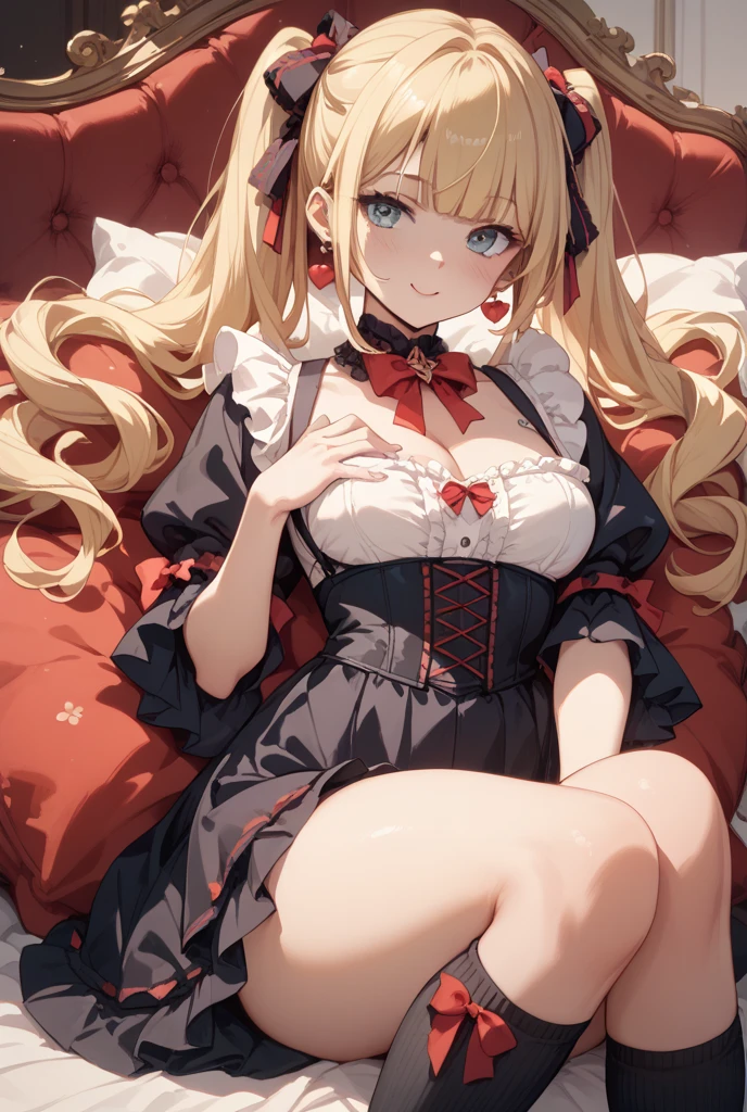 masutepiece, Best Quality,  the Extremely Detailed CG Unity 8K Wallpapers,  Sexy Witch Cosplay, Long dark blonde wavy hair、off-shoulder knit, (darkblue pleated skirt), large full breasts、soft boob, Shy laughter, Bare shoulders、sexy hips、Sexy Red Lace Bra、Sexy lace red panties、Church Beds、on the beds、raise two hands、((((Spread your knees apart))))、(((opens legs)))、(((lyin in bed)))、(((Pleasant look)))