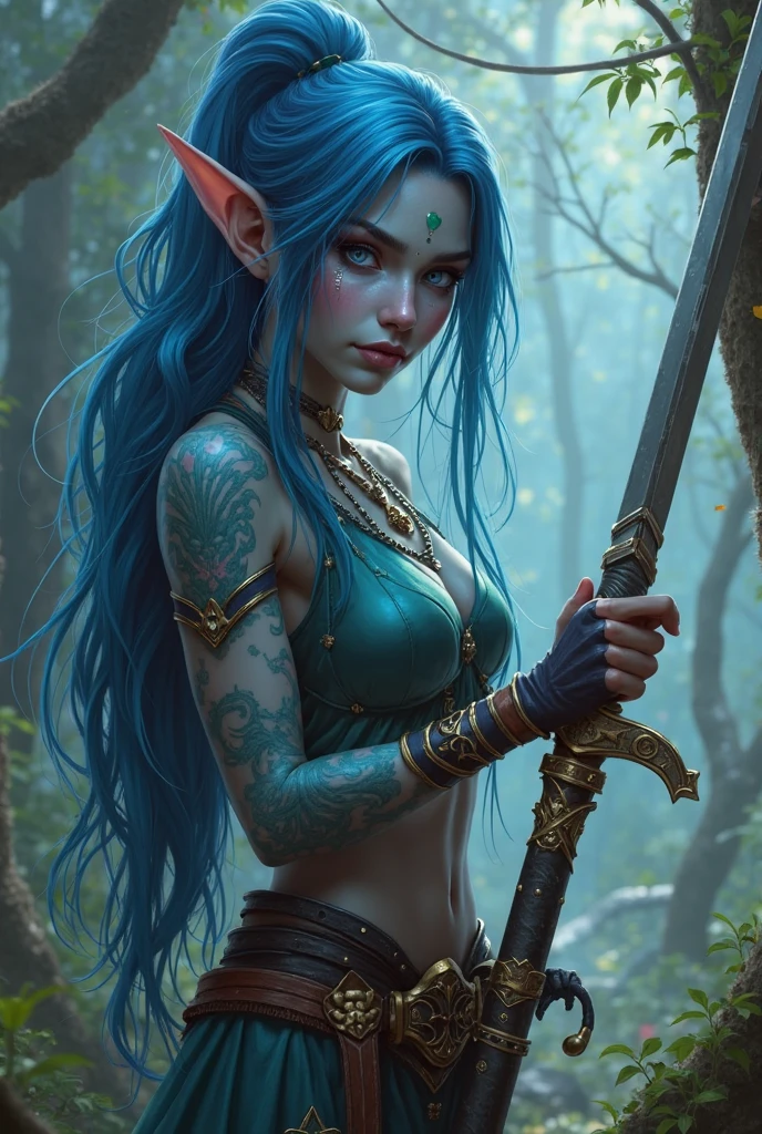 Obra prima melhor qualidade, A Female elfo Warrior tribal linda com tatuagens tribais em uma floresta, On a beautiful morning, intrincado extremamente detalhado, 8k, ultra realista