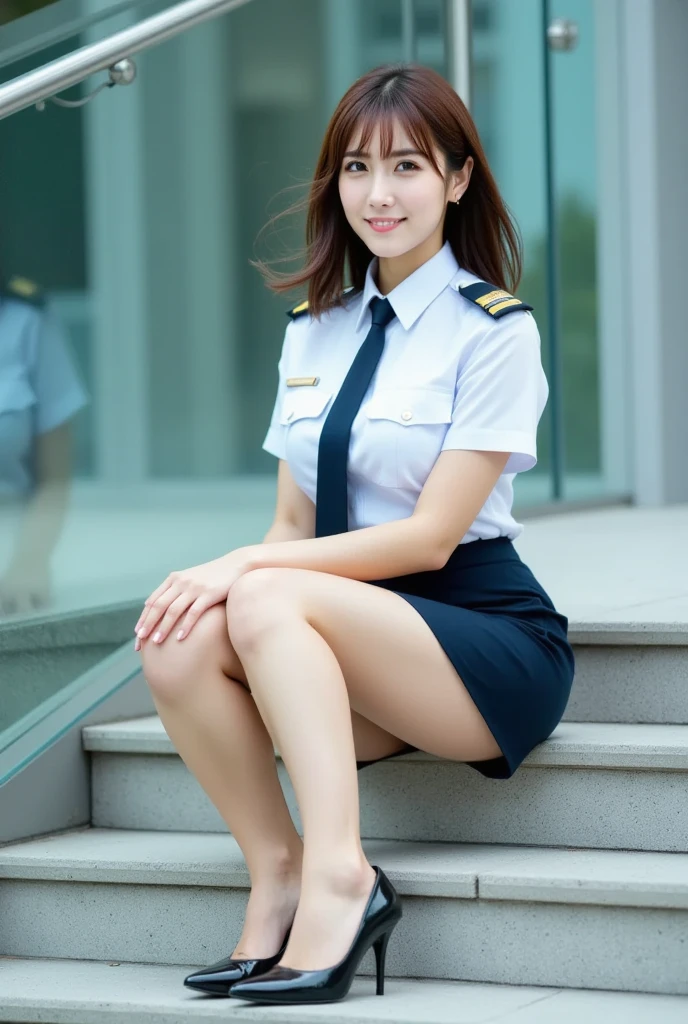 （masterpiece:1.2）,(8K high resolution), (highest quality), (RAW image quality), (realistic), (realistic:1.37),long eyelashes,（Live-action realistic style),realistic light and shadow,clear facial features,,Fair skin,best portrait, 1-Girl,highly detailed skin,(Beautiful face with double eyelids), (realism: 1.4),((full body image)) ,delicate and beautiful face,,woman around 30 years old,(beautiful face 1.4),straight hair length,,(lipstick,beautiful earrings),((Taken at the airport)),(stewardess uniform,)),(Stewardess in uniform),,(3/4 length),Shoot head-on,,Close-range shooting,((squat in the airport,Show your panties)),,(((Look at the audience and smile),、((Wearing a stewardess uniform)),(smile without opening your mouth),（Squat down）,（（Crouch in front of the viewer））,squat with legs apart,（Pose with hands on cheeks）,Crouching in front of the viewer,You can see the white panties,Open your legs to show your crotch