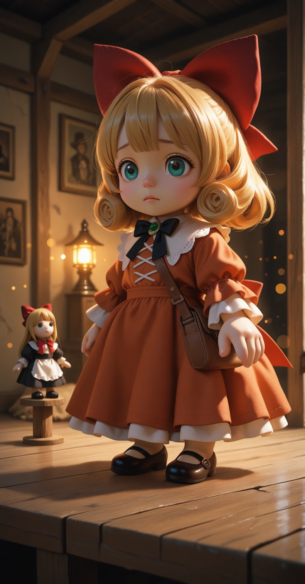 best quality, masterpiece, ultra high res, a doll, Ana de Armas, looking at viewer, full body, doll joints, steampunk, dynamic pose, dynamic view, inboxDollPlaySetQuiron style, doll, toy, in a gift box, character print