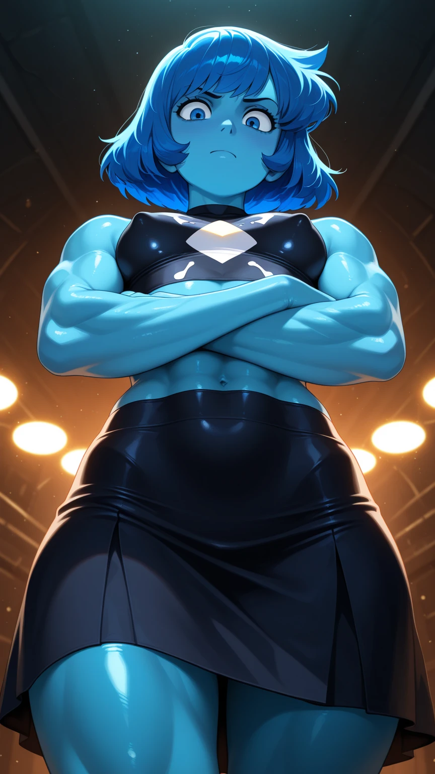 Create a catwoman with dark skin, blue hair with ponytail, blue cat tail, toned body with white energy in hands and legs, she has big breasts and thighs too, six-pack abs and muscular thighs
