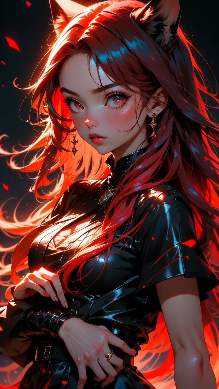 close up, beautiful young girl, red long hair, black eyes, red fox in the hands, girl holding red fox, 8k, high detailed, high realism, dark fantasy art, cleavage, big breasts, 