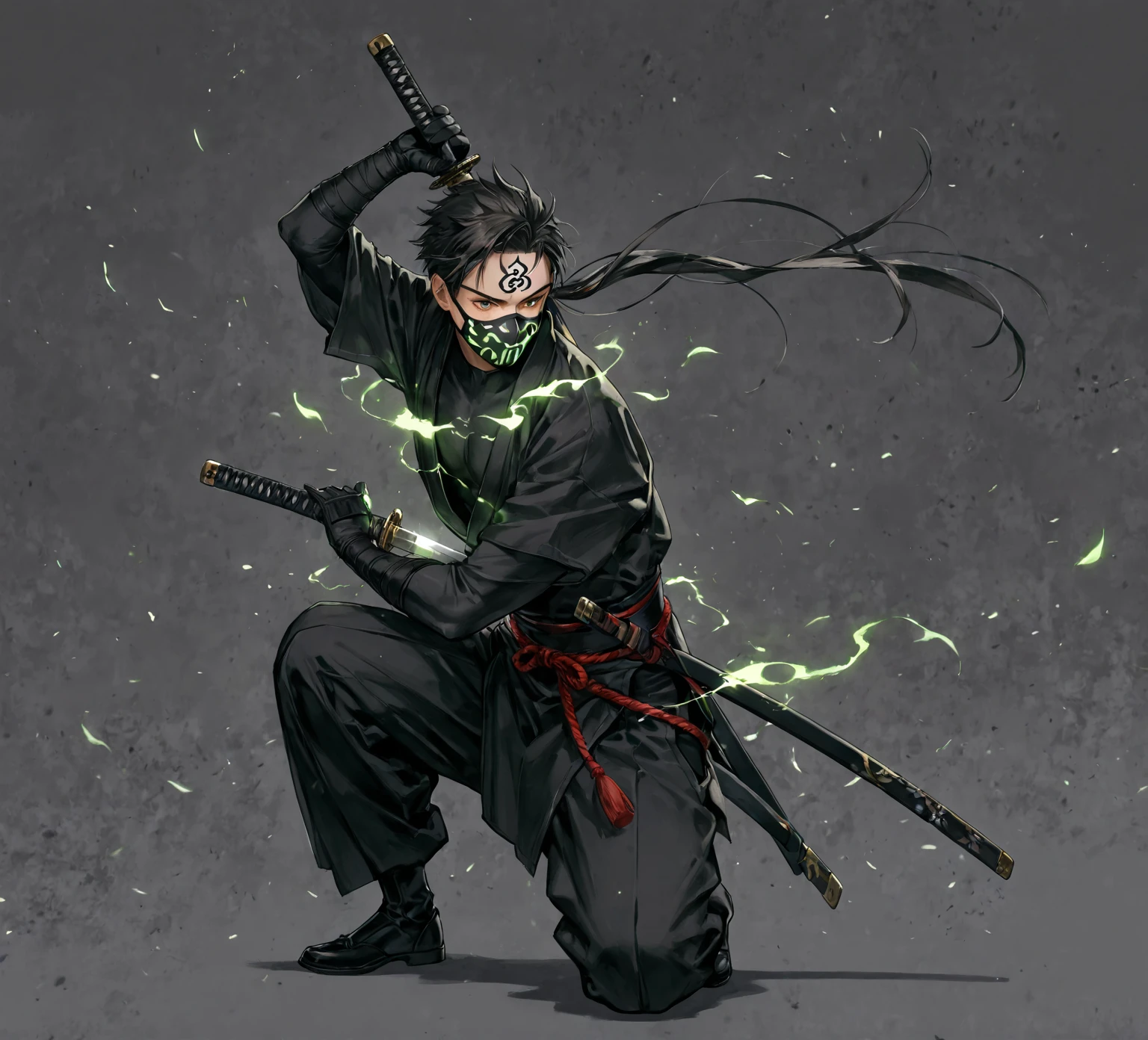 Black hair and green eyes guy, green aura, man with bangs, wearing black gi, samurai, white background