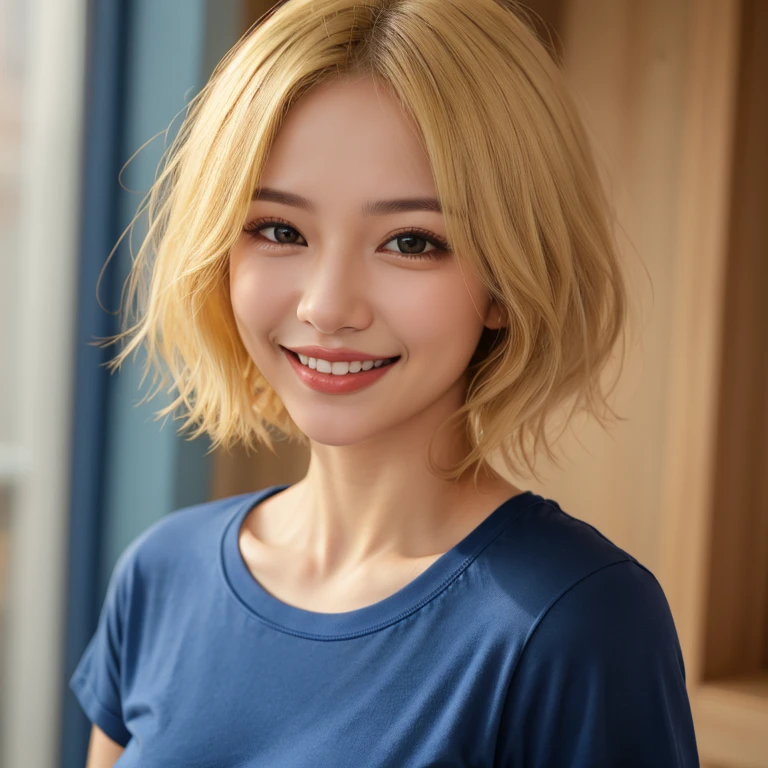 (Highest quality、8K、32k、masterpiece)、(RAW Photos)、(Realistic)、(High resolution)、Very detailedな、Very beautiful face and eyes、One Girl、14 years old、Round and small face、Delicate body、(close、Highest quality、Rich skin detail、Highest quality、8K)、Very detailed、(Realistic、Realistic:1.37)、Vibrant colors、(((Laughter)))、(((Blonde)))、(((Touch your chest with your right hand)))、(((smile)))、(((Bust Shot)))、(((White Background)))、((Medium Hair))、(((White wall background)))、(((blonde)))、(((She is wearing a yukata with a pop design..)))、(((Black and light blue yukata)))、(((White wall background)))、