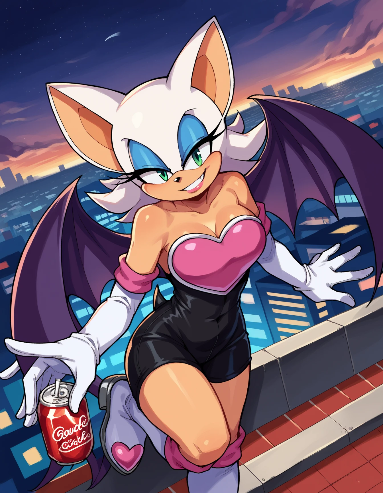 <lora:rougeTheBat:0.9>,rouge the bat,masterpiece,best quality,1girl,solo,furry,blue eyeliner,cleavage,bat wings,bodysuit,white gloves,heart,dynamic angle,smile,red lipstick,blush,looking at viewer,city background,