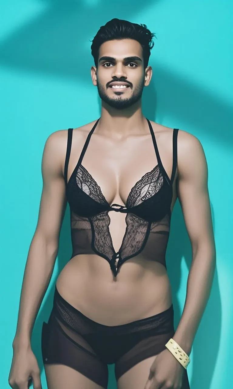 Handsome male wearing lingerie, thong with lace trimmings, panties with lace trimmimgs, male, bara, big bulge, red eyes, purple hair