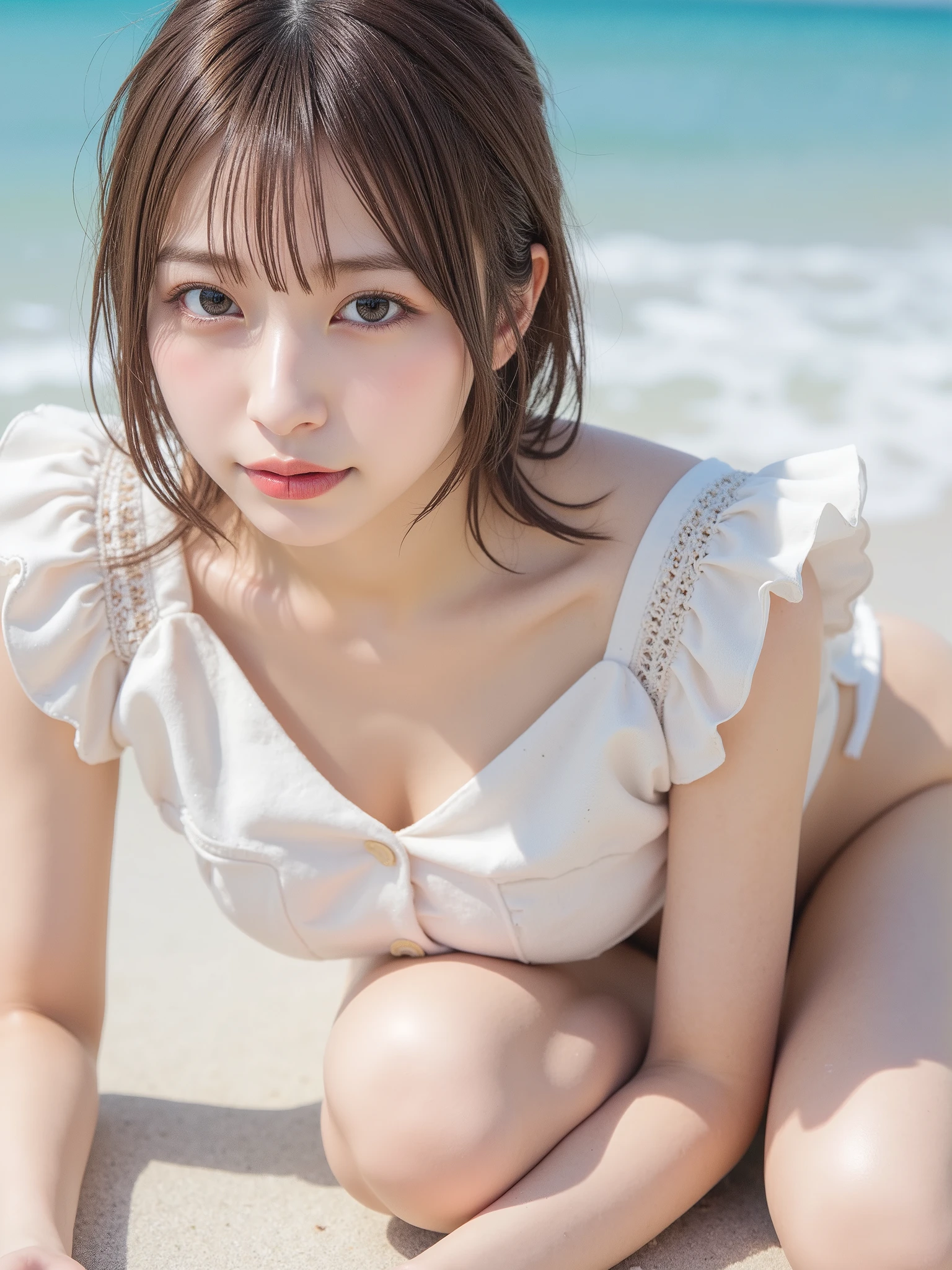 best quality, Masterpiece, , ,full body, big breasts, white hair,Low Twintails, purple eyes, Yukine Chris, Thin twintails,, beach, sea, white dress, white skirt, White single piece, (((shy))), (be happy), lean forward, summer, from above, reach out, smile,