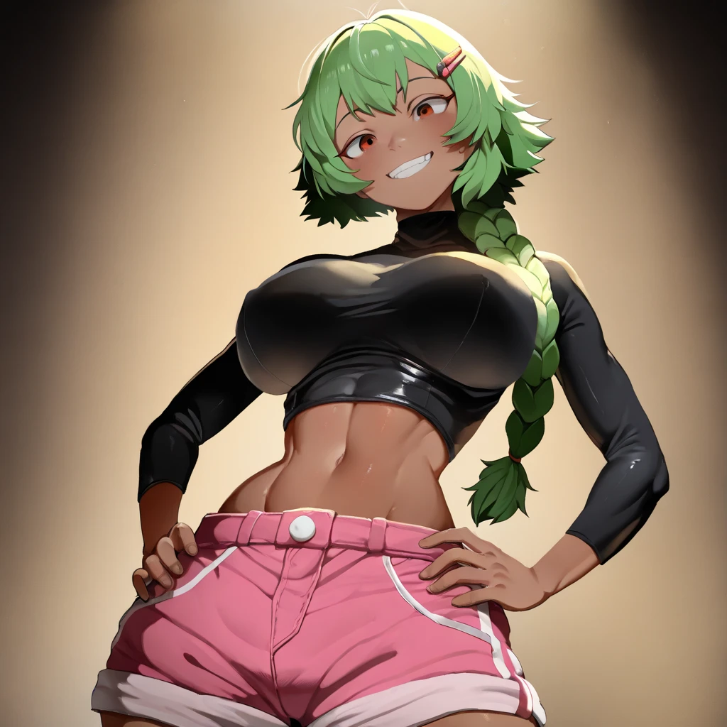 (solo:1.1),(masterpiece), (best quality:1.3), highly detailed, intricate, professional art, digital art, absurdres, confidant, emerald sustrai, futanari emerald sustrai wearing a green crop-top cleavage cutout detached sleeves and pants confidently posing with hand on hip indoors, pants, 1girl, solo, (dark skin:1.4), green hair, bob hair, gold hoop earrings, gold jewellery, ab lines, (gold navel piercing:1.1), detailed stomach, red eye colour, dark skin, small breasts, (aroused:1.2), (futanari:1.1), (wide hips:1.4), (makeup 1:1), beestung lips, (black lipstick:1.3), penis bulge, pants straps riding hips, (crotch bulge:1.4), crotch bulge, testicle bulge , furniture, side view, universal lighting