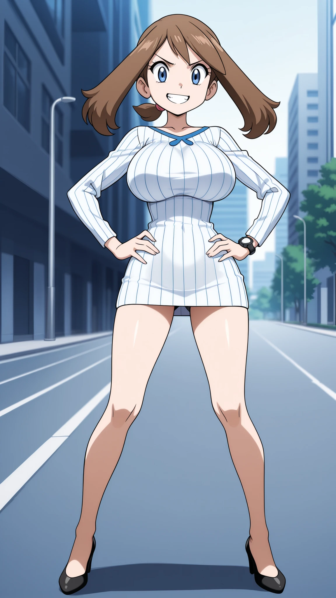 masterpiece, best quality, highres, 1girl, solo, superhero, leotard, blue and white leotard, bare legs, brown hair, short hair, brown eyes, hairband, medium hair, ribbon, boots, matching boots, blue boots, medium breasts, cowboy shot, standing, smile, city backdrop, haruhi suzumiya, kyoani haruhi style, sleeveless,