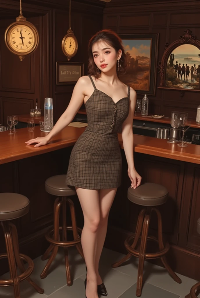 The 23-year-old model seductively poses for the viewer, wavy hair with curled fingers, night time, Dynamic Scene, brown hair, Vintage haircut, An open smile, ((full - body)), polka dot dress, Short polka dot dress, beatiful face, 12), hiquality, Super detailed skin and face, Dark lighting, stock image, close - up, close up, Hyper Detail, ArtStation Trends, hard focus, studio photo, intricate detials, high detail, by Greg Rutkowsky
