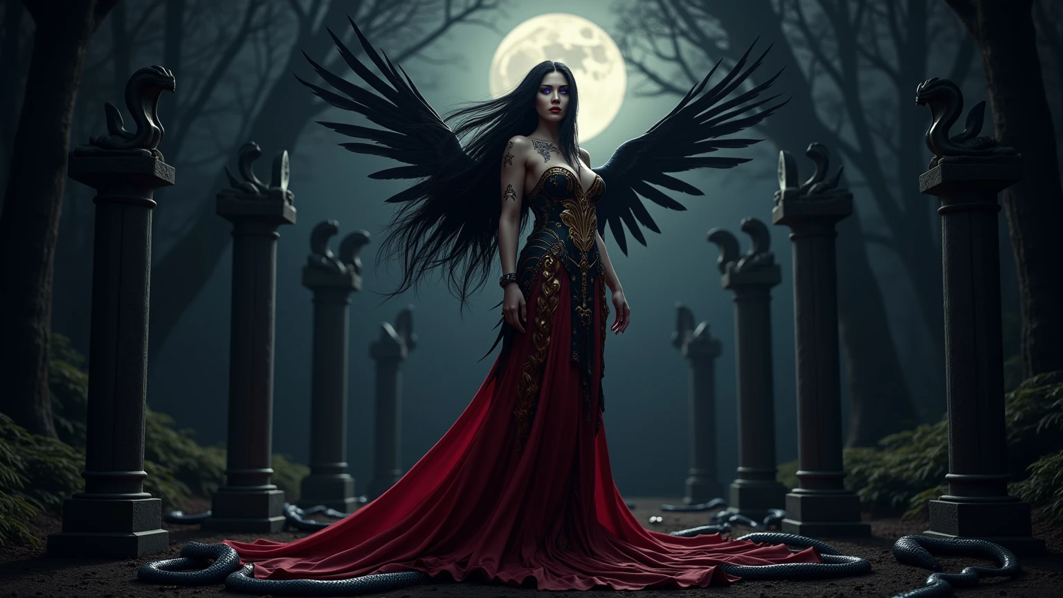 (photorealism:1.2), a gorgeous woman with long black hair with hazel eyes wearing a black corset with big black and red firey wings with a night sky and full purple blood moon and with her standing in the center of a circle with a star in and has fire earth water and air and earth all in one