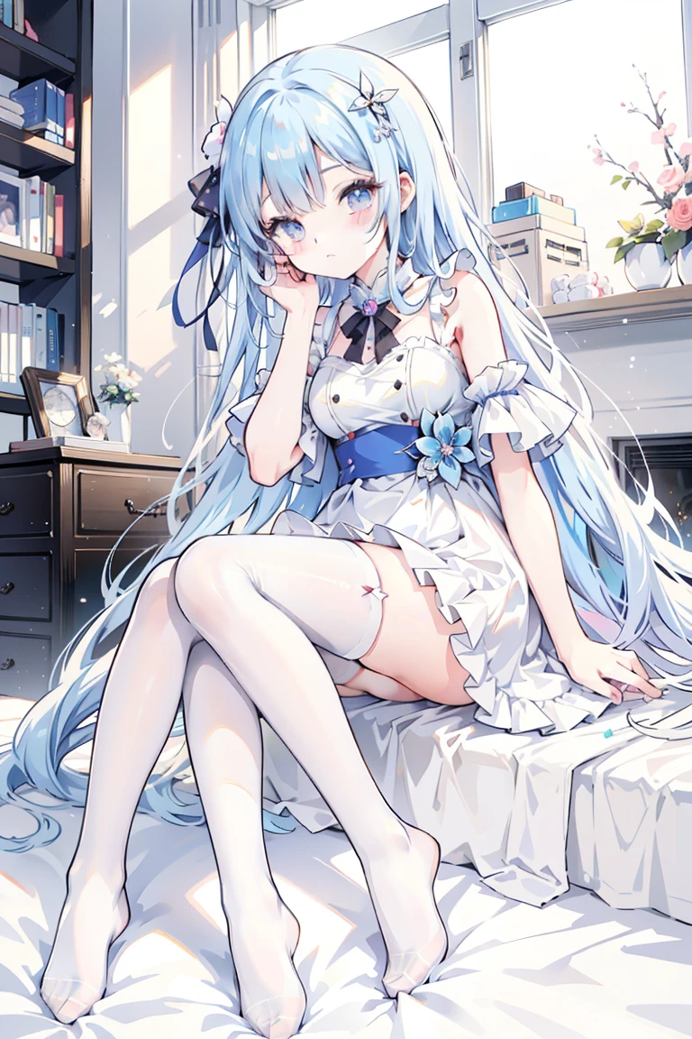 anime girl with blue hair and white dress sitting on a blue floor, in dress, guweiz on pixiv artstation, mikudayo, guweiz on artstation pixiv, guweiz, anime art wallpaper 8 k, anime art wallpaper 4 k, anime art wallpaper 4k, anime style 4 k, 4k anime wallpaper