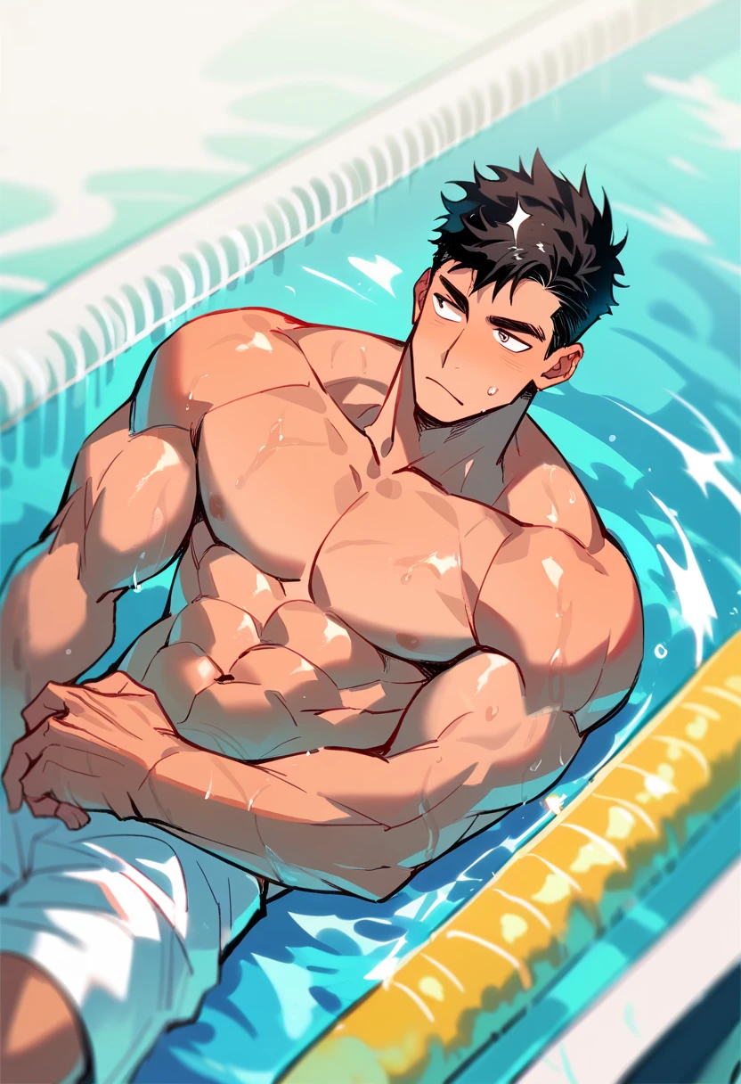 Hombre, muscular, sensual, gay, en la piscina