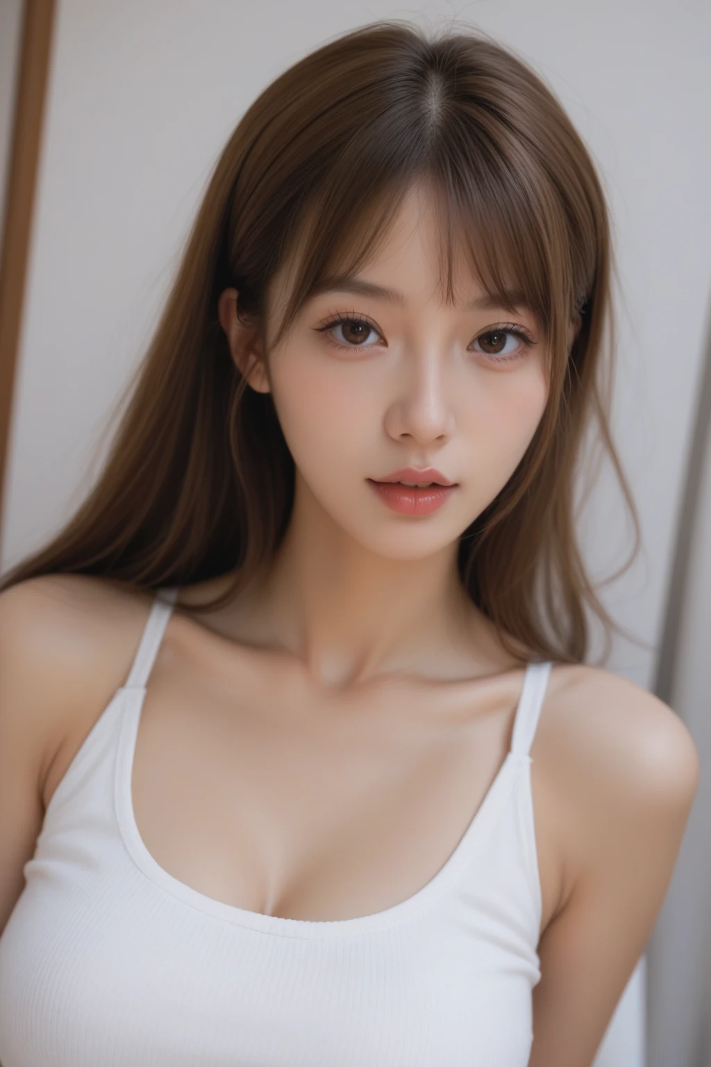 realistic photos of (1 cute Korean star) sidelocks, thin makeup, 32 inch breasts size, wearing pink striped crop top, in the office, first-person view, film grain, upper body portrait, UHD