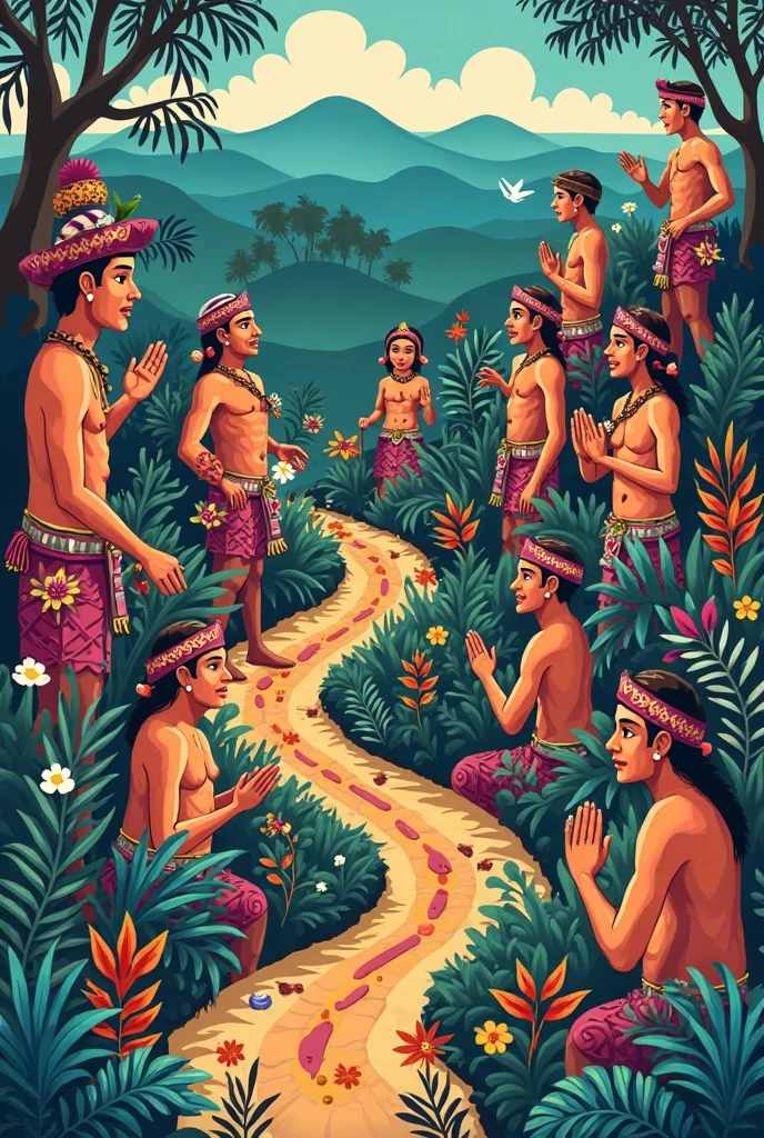 In 3D animation style:A mural on a wall** of the village, depicting the journey of Ramū from arrogance to humility.